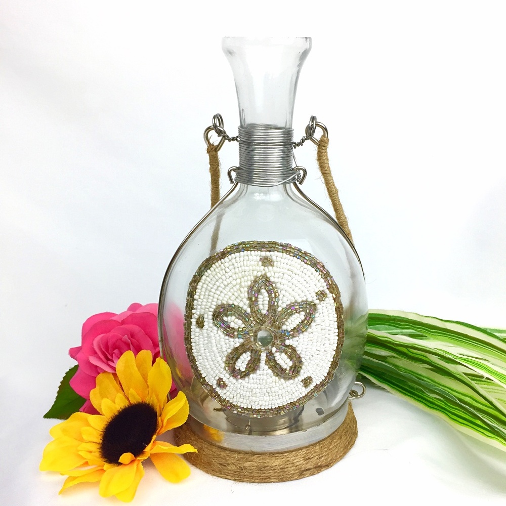Pier 1 Beaded Glass Tea Light Glass Lantern Coastal Beach Candle Holder